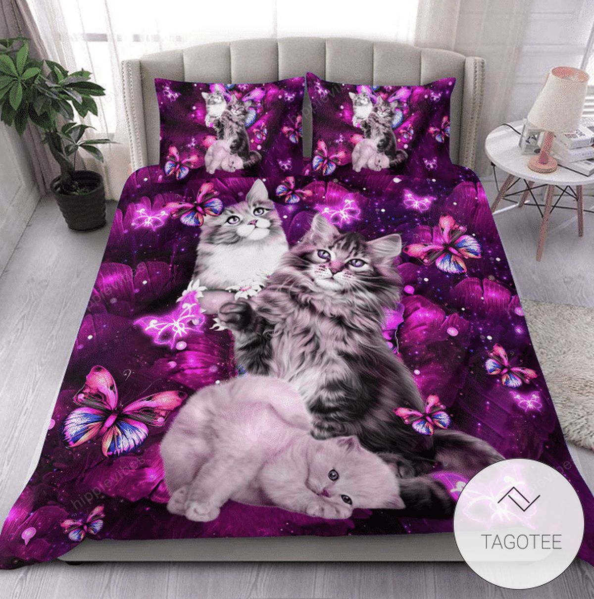 Pink Purple Cats And Flowers Bedding Set- Pink Purple Cats And Flowers Bedding Set-