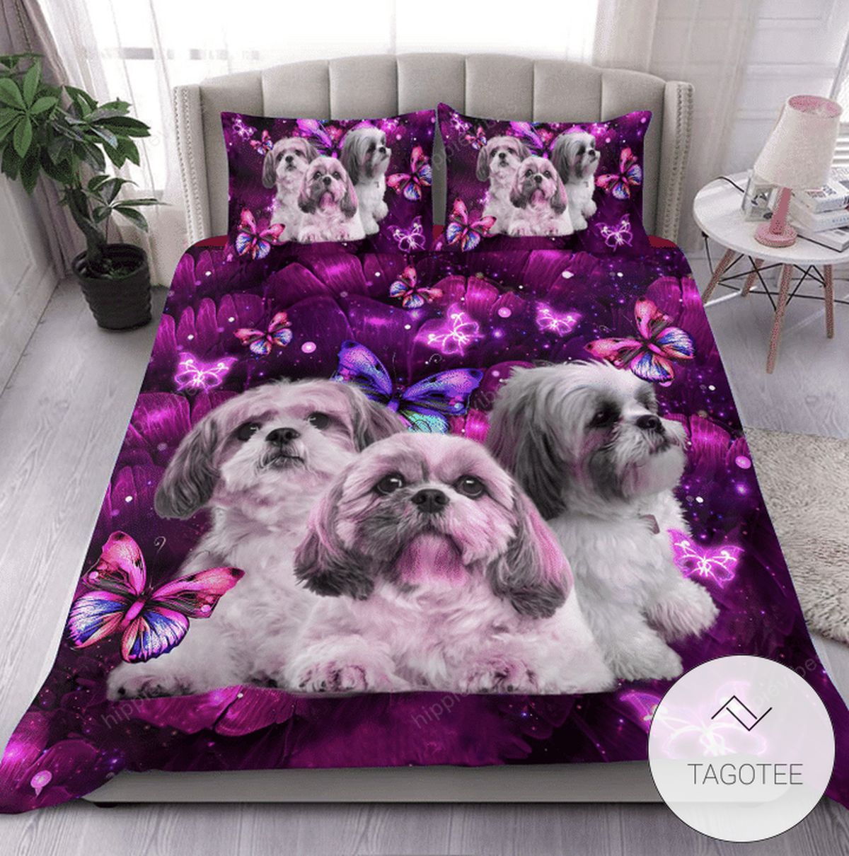 Pink Purple Shih Tzu And Flowers Bedding Set- Pink Purple Shih Tzu And Flowers Bedding Set-