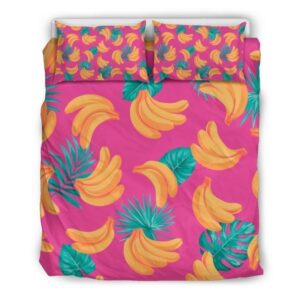 Pink Tropical Banana Pattern Print Duvet Cover and Pillowcase Set Bedding Set
