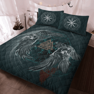 Raven Valknut Vegvisir Dark Green Quilt Bedding Set