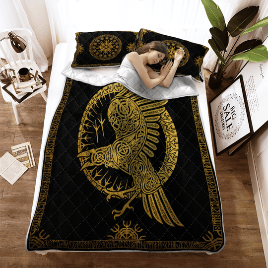 Ravens In Celtic Mythology And Runic Viking Quilt Bedding Set Ravens In Celtic Mythology And Runic Viking Quilt Bedding Set