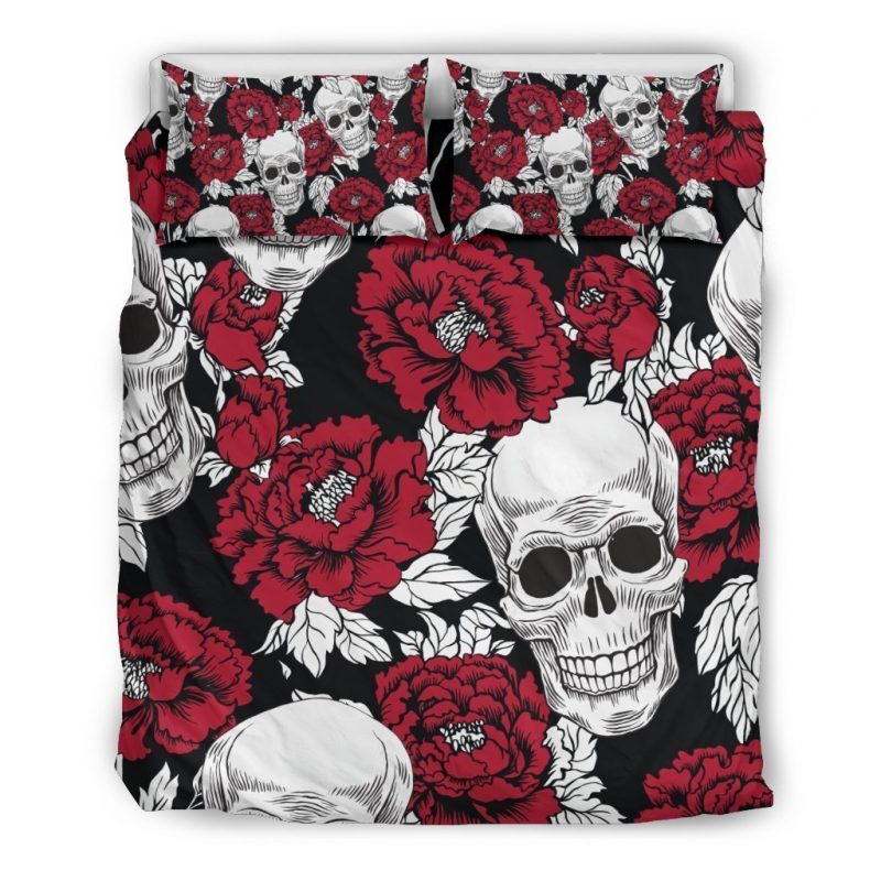 Red Peony Skull Pattern Print Duvet Cover and Pillowcase Set Bedding Set Red Peony Skull Pattern Print Duvet Cover and Pillowcase Set Bedding Set