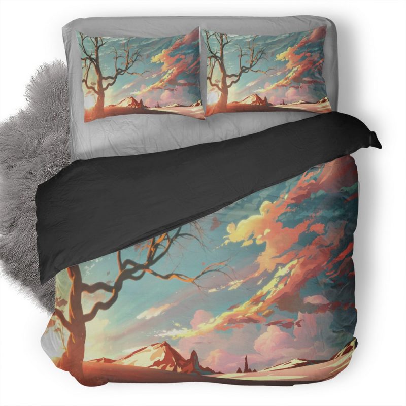 Red Sky Mountains Trees Digital Art Painting Av Duvet Cover and Pillowcase Set Bedding Set Red Sky Mountains Trees Digital Art Painting Av Duvet Cover and Pillowcase Set Bedding Set