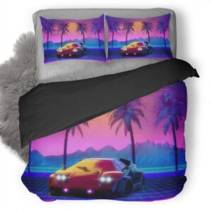 Retro Lamborghini Countach Palm Trees Fs Duvet Cover and Pillowcase Set Bedding Set