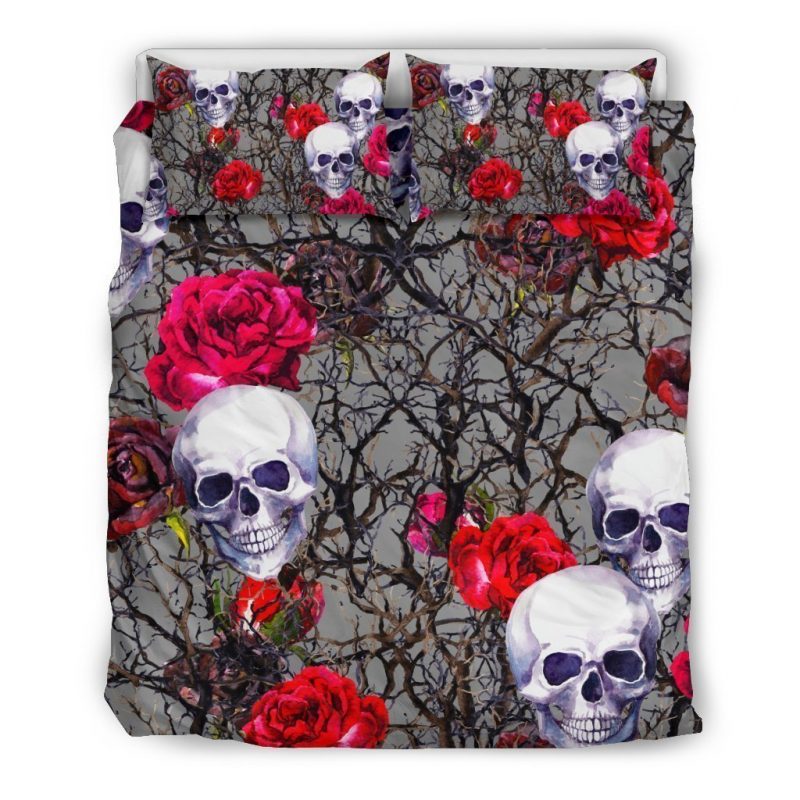 Rose Branch Skull Pattern Print Duvet Cover and Pillowcase Set Bedding Set Rose Branch Skull Pattern Print Duvet Cover and Pillowcase Set Bedding Set