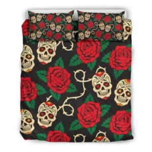 Rose Flower Sugar Skull Pattern Print Duvet Cover and Pillowcase Set Bedding Set