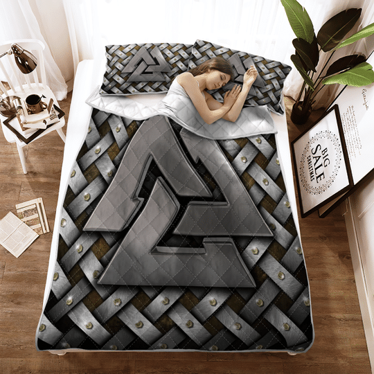 Silver Valknut Symbol Viking Quilt Bedding Set Silver Valknut Symbol Viking Quilt Bedding Set