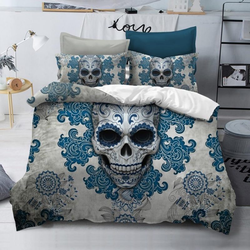 Skull Blue Flowers Duvet Cover and Pillowcase Set Bedding Set Skull Blue Flowers Duvet Cover and Pillowcase Set Bedding Set