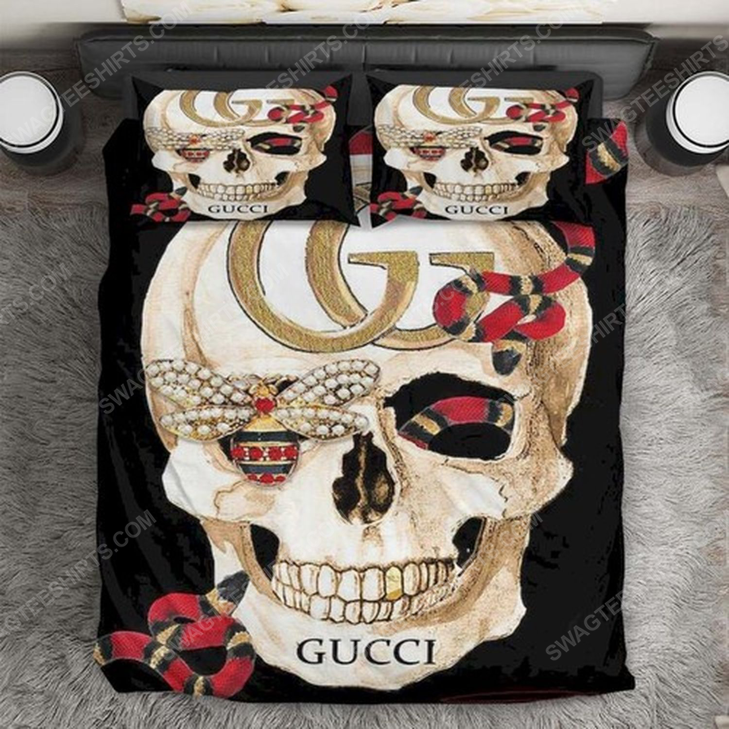 Skull Gucci And Rose Full Print Duvet Cover Bedding Set Skull Gucci And Rose Full Print Duvet Cover Bedding Set