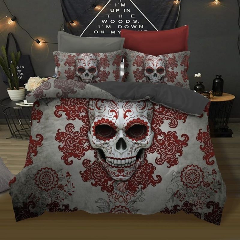 Skull Red Flowers Duvet Cover and Pillowcase Set Bedding Set Skull Red Flowers Duvet Cover and Pillowcase Set Bedding Set