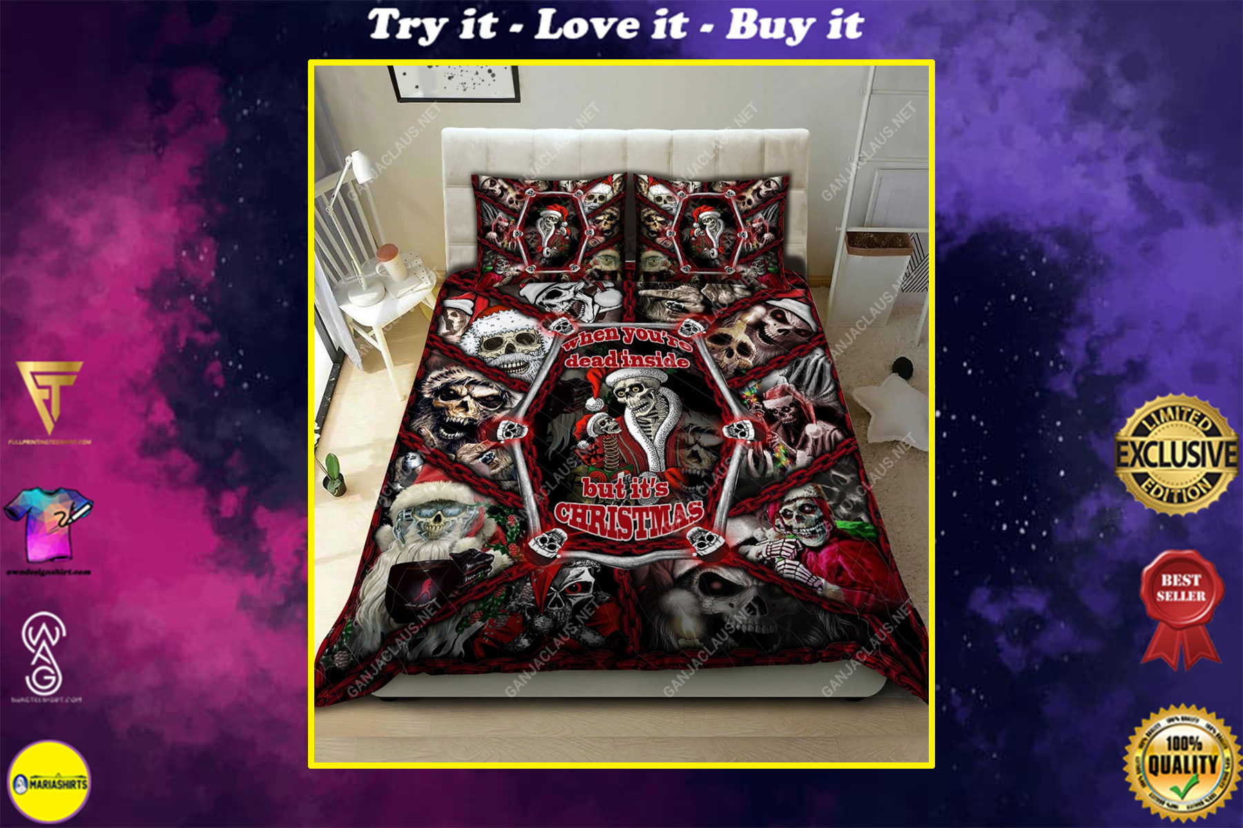 Skull When Youre Dead Inside But Its Christmas Full Printing Bedding Set- Maria Skull When Youre Dead Inside But Its Christmas Full Printing Bedding Set- Maria