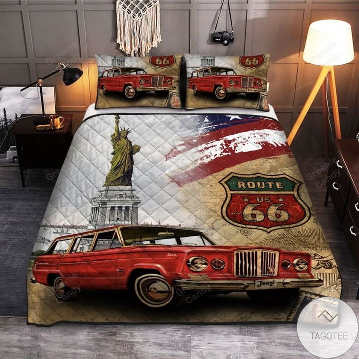 Statue Of Liberty Vintage Car Quilt Bedding Set Statue Of Liberty Vintage Car Quilt Bedding Set