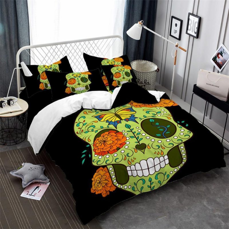 Sugar Skull Green Flowers Duvet Cover and Pillowcase Set Bedding Set Sugar Skull Green Flowers Duvet Cover and Pillowcase Set Bedding Set