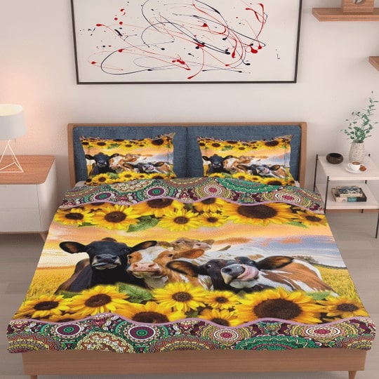 Sunflower Cattle Cow All Over Printed Bedding Set Sunflower Cattle Cow All Over Printed Bedding Set