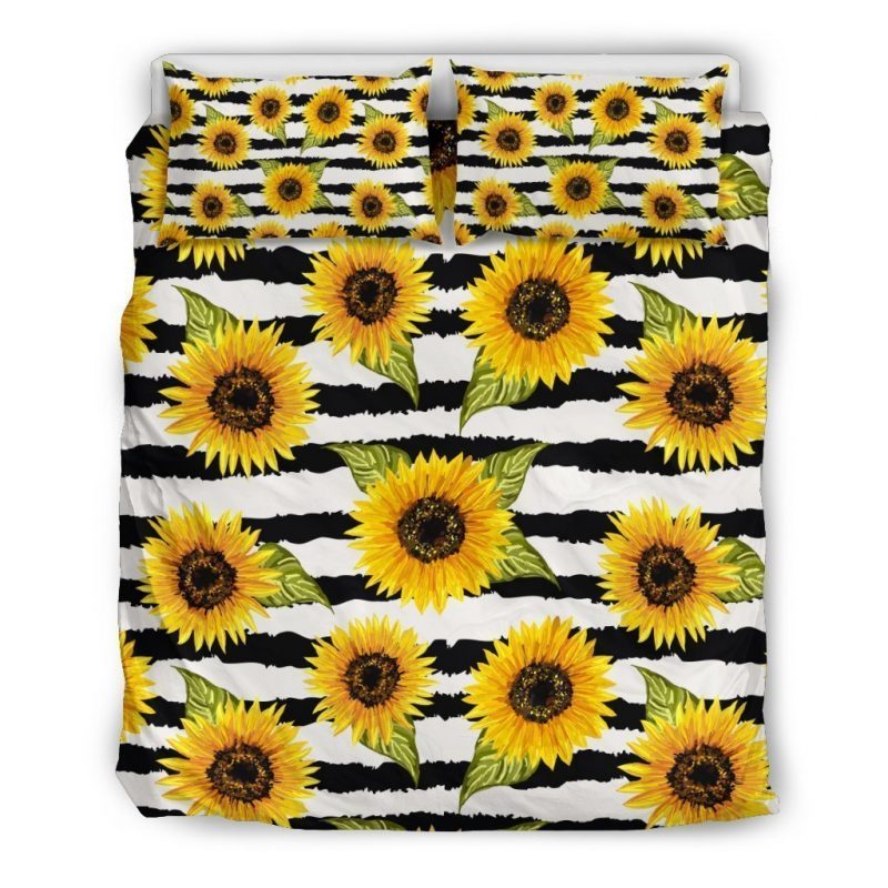 Sunflower Striped Pattern Print Duvet Cover and Pillowcase Set Bedding Set Sunflower Striped Pattern Print Duvet Cover and Pillowcase Set Bedding Set