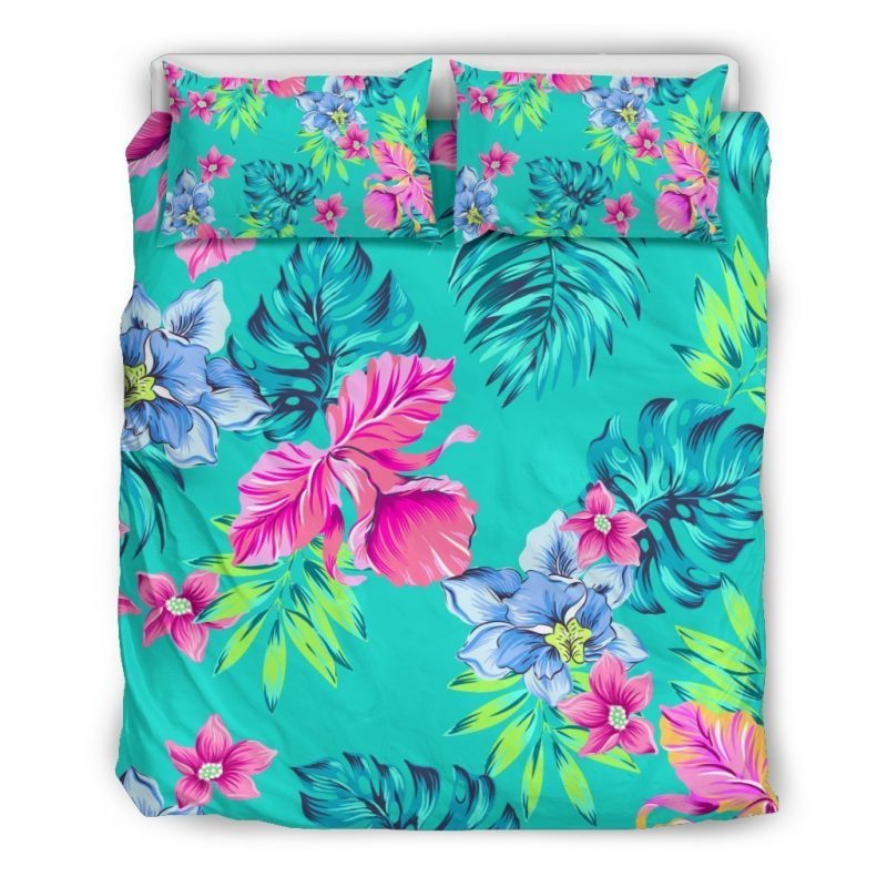 Teal Aloha Tropical Pattern Print Duvet Cover and Pillowcase Set Bedding Set Teal Aloha Tropical Pattern Print Duvet Cover and Pillowcase Set Bedding Set