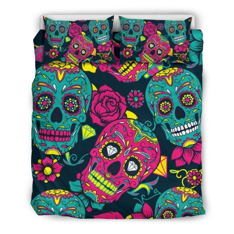 Teal Pink Sugar Skull Pattern Print Duvet Cover and Pillowcase Set Bedding Set Teal Pink Sugar Skull Pattern Print Duvet Cover and Pillowcase Set Bedding Set
