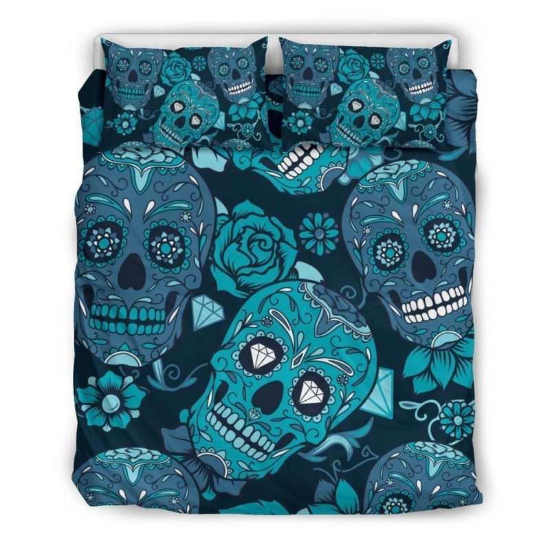 Teal Sugar Skull Flower Pattern Print Duvet Cover and Pillowcase Set Bedding Set Teal Sugar Skull Flower Pattern Print Duvet Cover and Pillowcase Set Bedding Set