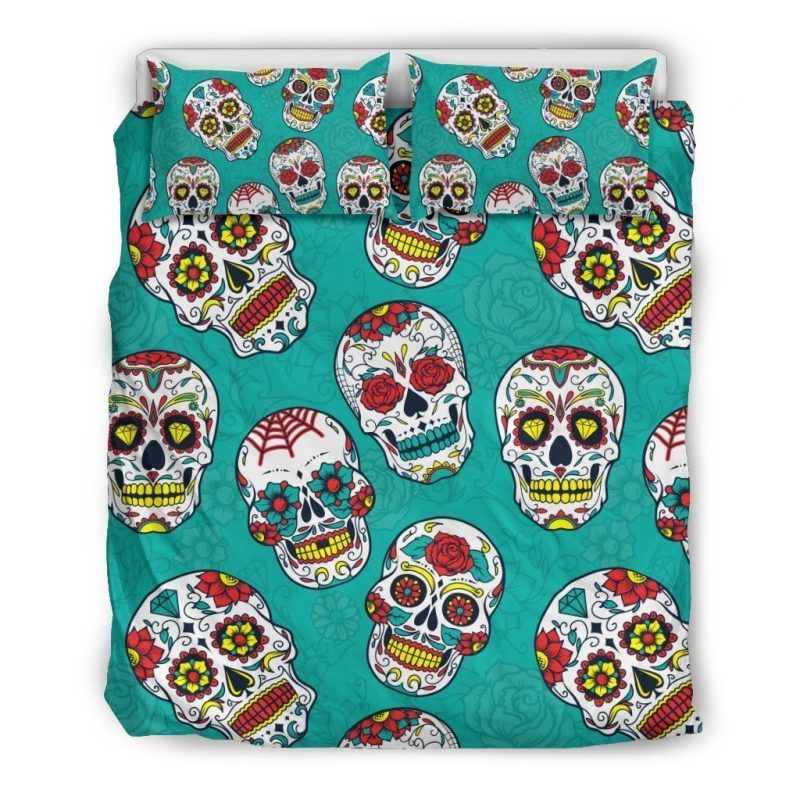 Teal Sugar Skull Pattern Print Duvet Cover and Pillowcase Set Bedding Set Teal Sugar Skull Pattern Print Duvet Cover and Pillowcase Set Bedding Set
