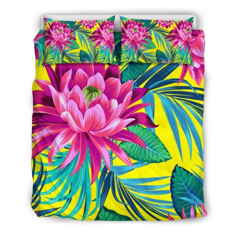 Tropical Lotus Pattern Print Duvet Cover and Pillowcase Set Bedding Set Tropical Lotus Pattern Print Duvet Cover and Pillowcase Set Bedding Set