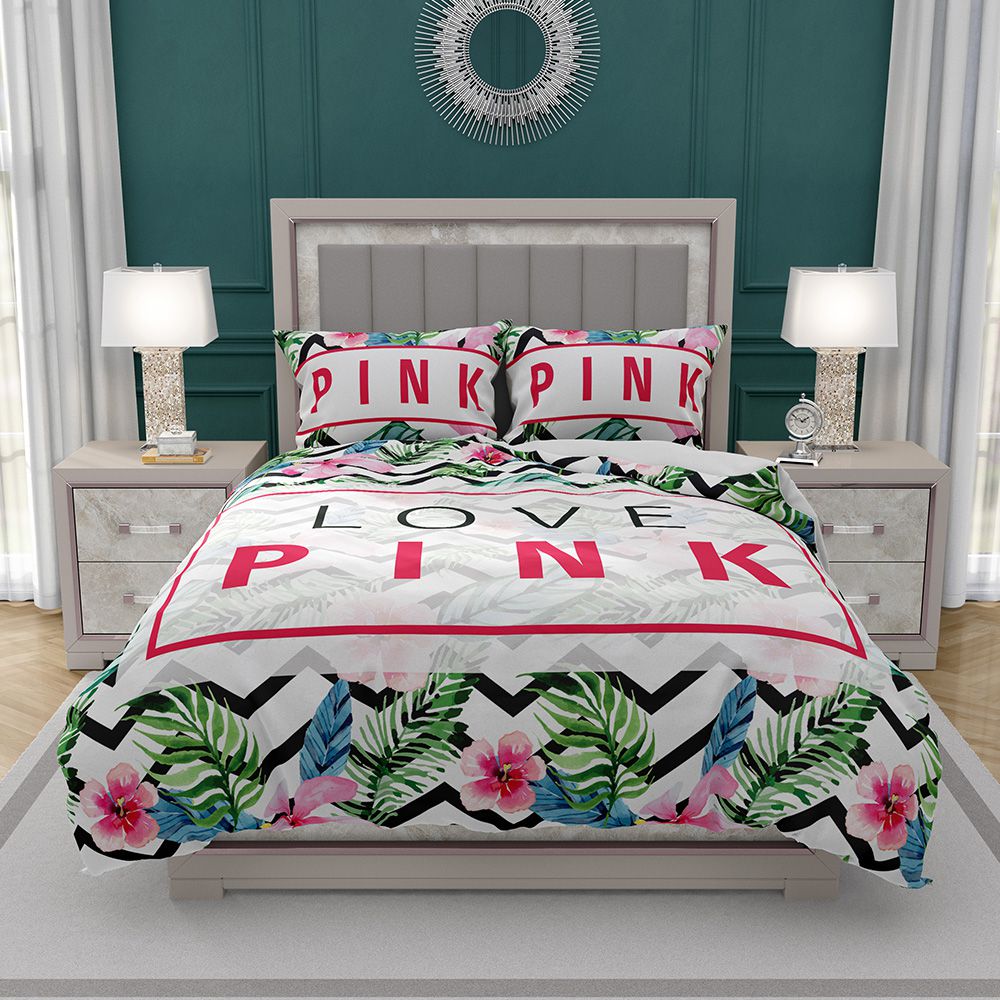 VS Love Pink Modern Pattern with Tropical Watercolor Flowers Bedding Set VS Love Pink Modern Pattern with Tropical Watercolor Flowers Bedding Set