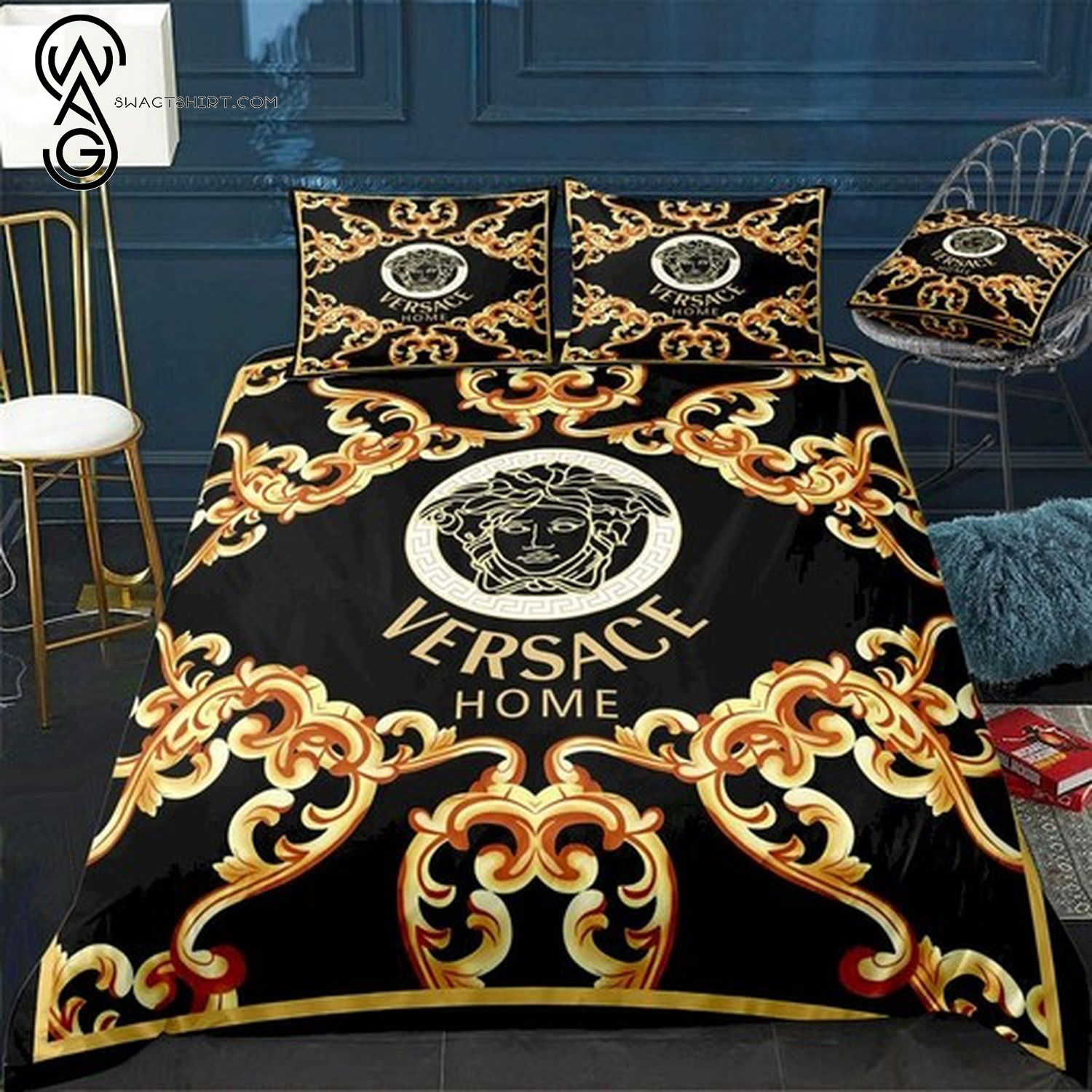 Versace Black Gold Logo Full Print Bedding Set Versace Black Gold Logo Full Print Bedding Set