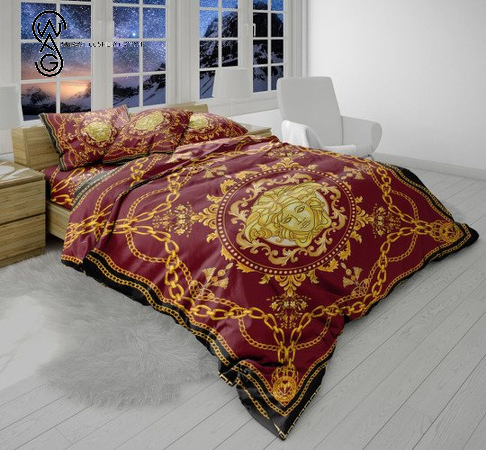 Versace Red And Gold Logo All Over Print Bedding Set Versace Red And Gold Logo All Over Print Bedding Set