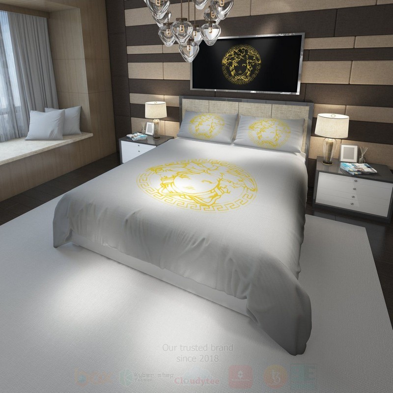 Versace Yellow Logo Full Grey Luxury Brand Bedding Set Versace Yellow Logo Full Grey Luxury Brand Bedding Set