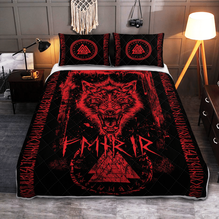Viking-Fenrir-Wolf-Valknut-And-Rune-Quilt-Bedding-Set-1