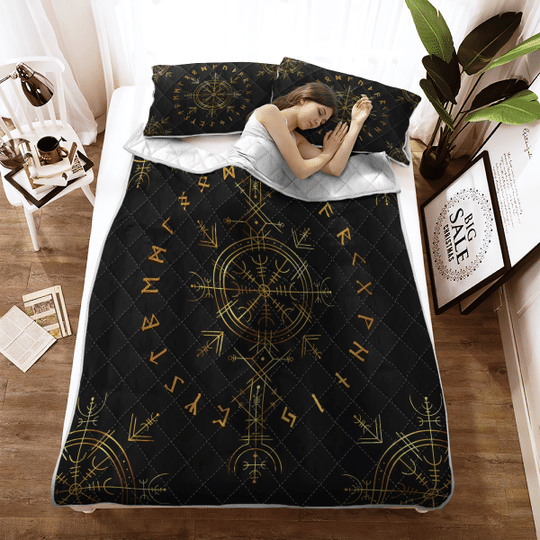 Viking Vegvisir And Rune Viking Quilt Bedding Set Viking Vegvisir And Rune Viking Quilt Bedding Set