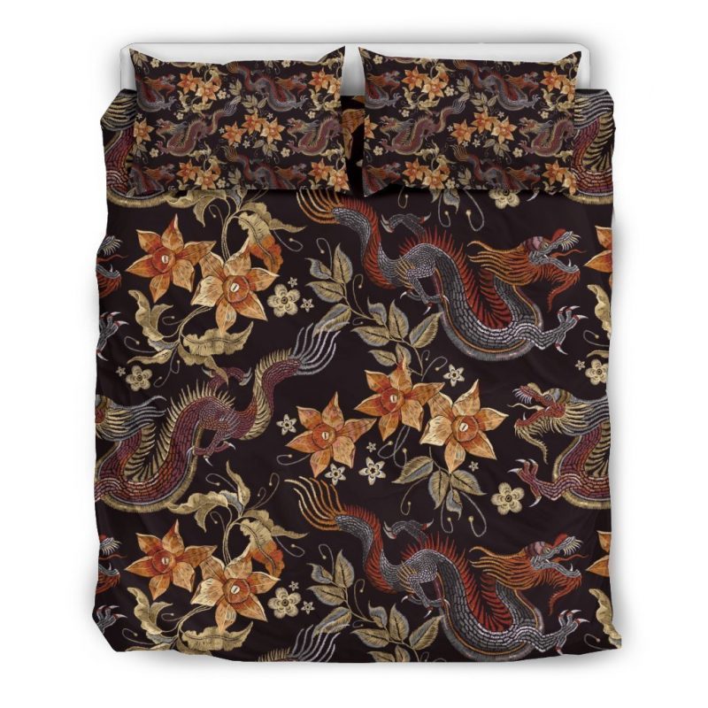 Vintage Dragon Flower Pattern Print Duvet Cover and Pillowcase Set Bedding Set Vintage Dragon Flower Pattern Print Duvet Cover and Pillowcase Set Bedding Set