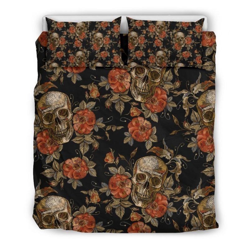 Vintage Floral Skull Pattern Print Duvet Cover and Pillowcase Set Bedding Set Vintage Floral Skull Pattern Print Duvet Cover and Pillowcase Set Bedding Set