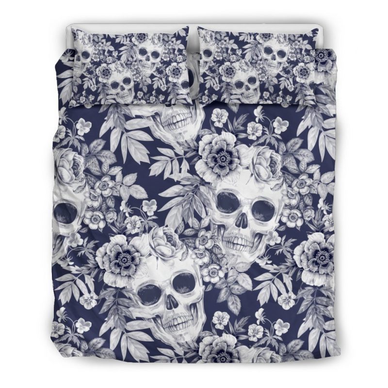 White Blue Skull Floral Pattern Print Duvet Cover and Pillowcase Set Bedding Set White Blue Skull Floral Pattern Print Duvet Cover and Pillowcase Set Bedding Set