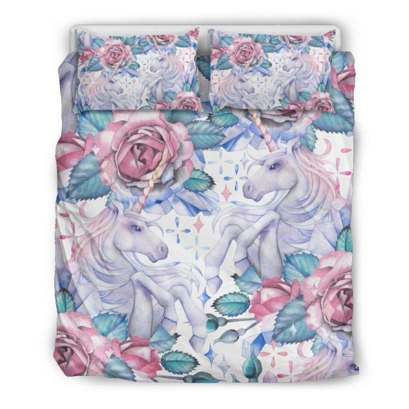 White Fairy Rose Unicorn Pattern Print Duvet Cover and Pillowcase Set Bedding Set White Fairy Rose Unicorn Pattern Print Duvet Cover and Pillowcase Set Bedding Set