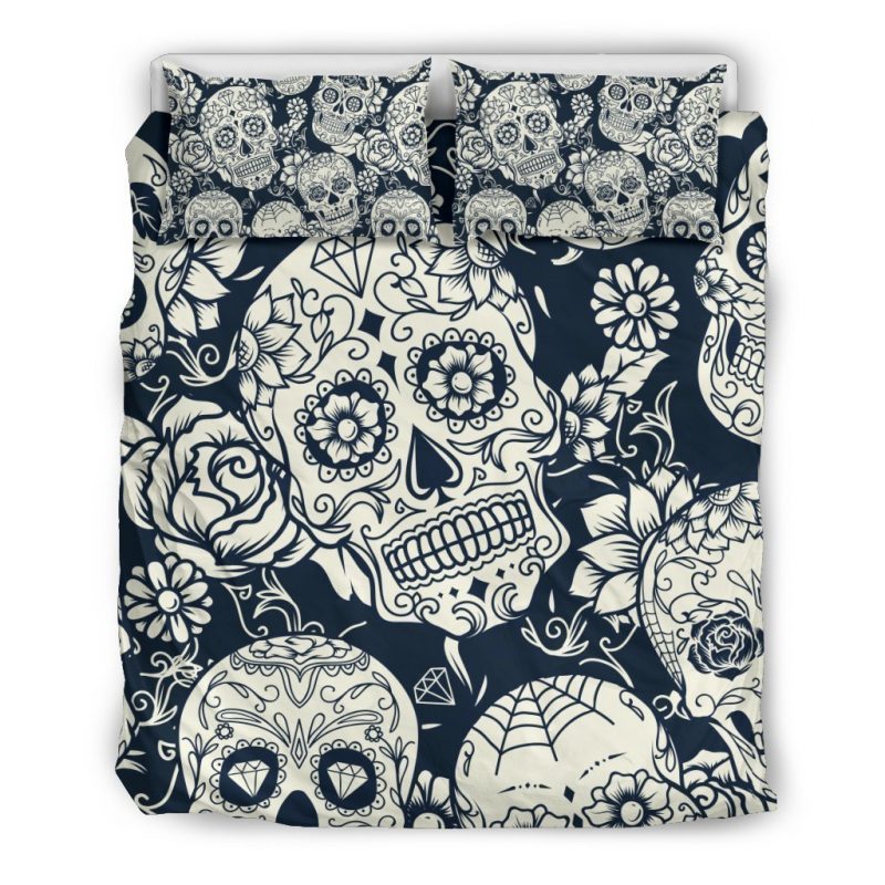 White Floral Sugar Skull Pattern Print Duvet Cover and Pillowcase Set Bedding Set White Floral Sugar Skull Pattern Print Duvet Cover and Pillowcase Set Bedding Set