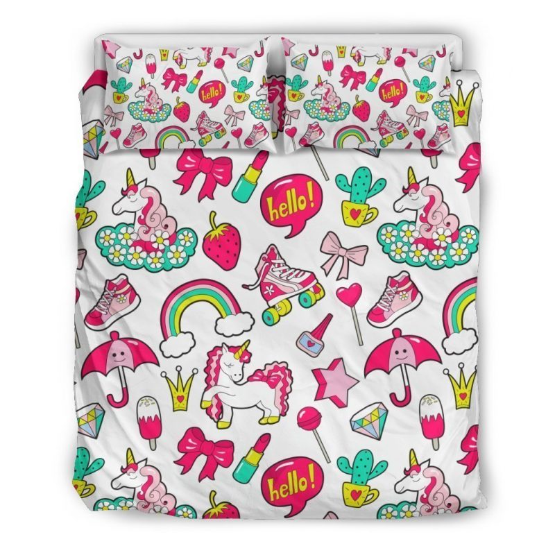 White Girly Unicorn Pattern Print Duvet Cover and Pillowcase Set Bedding Set White Girly Unicorn Pattern Print Duvet Cover and Pillowcase Set Bedding Set