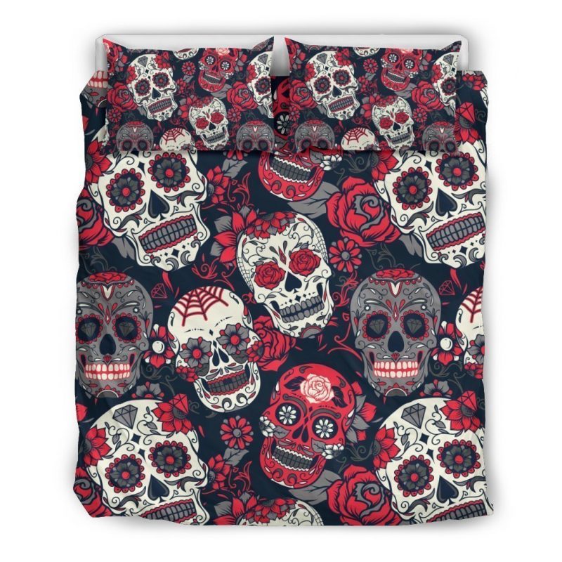 White Red Sugar Skull Pattern Print Duvet Cover and Pillowcase Set Bedding Set White Red Sugar Skull Pattern Print Duvet Cover and Pillowcase Set Bedding Set