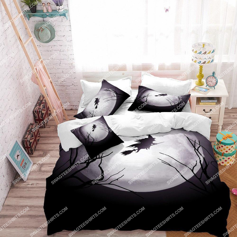 Witch Flying By Moon And Halloween Night Full Printing Bedding Set Witch Flying By Moon And Halloween Night Full Printing Bedding Set