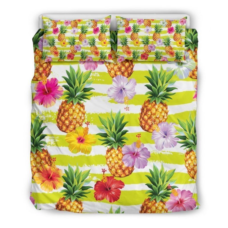 Yellow Striped Pineapple Pattern Print Duvet Cover and Pillowcase Set Bedding Set Yellow Striped Pineapple Pattern Print Duvet Cover and Pillowcase Set Bedding Set