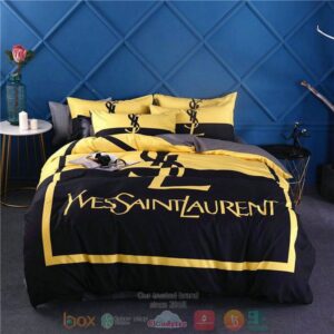 Ysl Yves Saint Laurent Brand Dark Blue Yellow Bedding Set