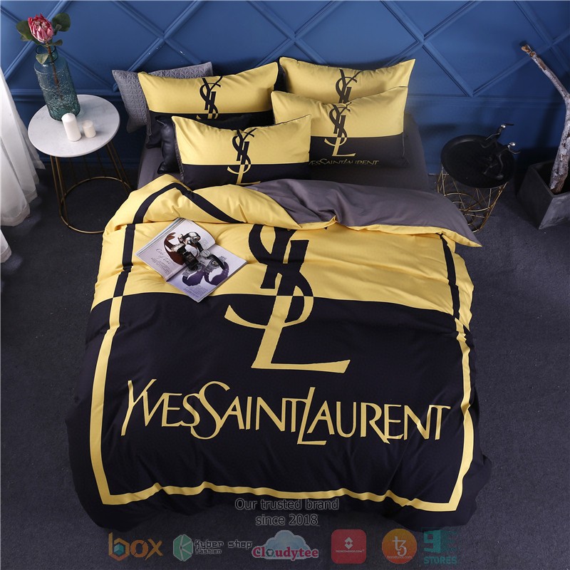Ysl Yves Saint Laurent Luxury Brand Yellow Dark Blue Bedding Set Ysl Yves Saint Laurent Luxury Brand Yellow Dark Blue Bedding Set